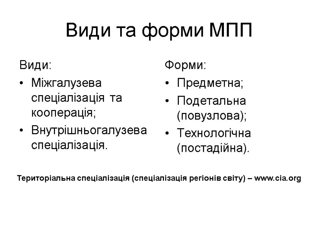 Види та форми МПП Види: Міжгалузева спеціалізація та кооперація; Внутрішньогалузева спеціалізація. Форми: Предметна; Подетальна